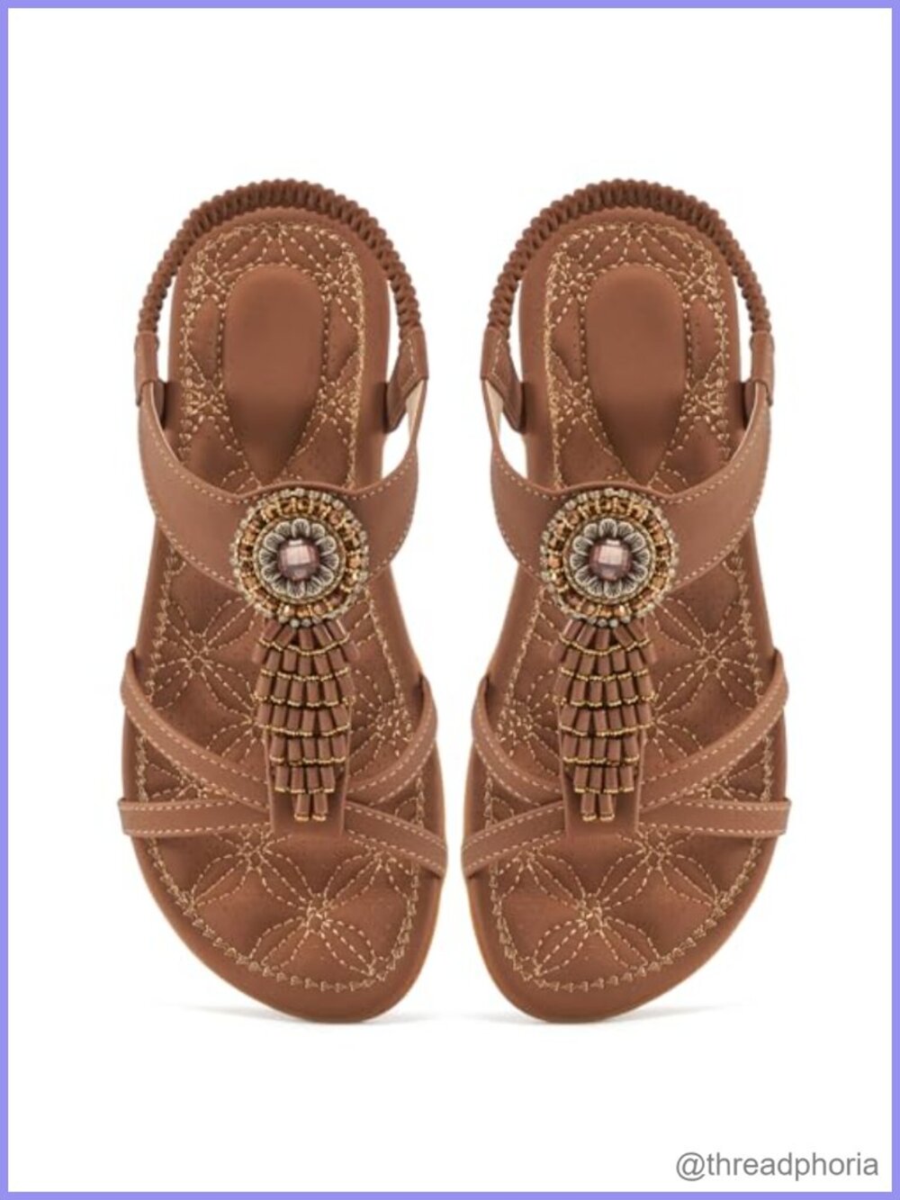 Women's Vegan Leather Sandals Comfortable Bohemian Beaded Ankle Strap Flats